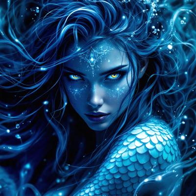 The primary subject of the image is a woman with blue eyes and long hair. She is wearing a blue and white mermaid tail and has a blue and white pattern on her face. The setting is underwater, with a blue background and a few bubbles in the water. The visual style is digital art, and the colors and mood are serene and magical.